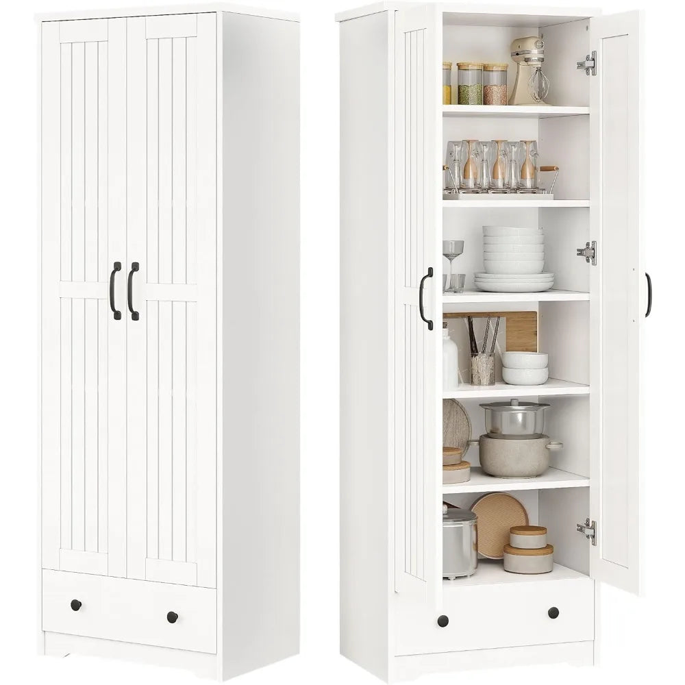 Tall Wooden Storage Pantry Cabinet With Adjustable Shelves And Drawer