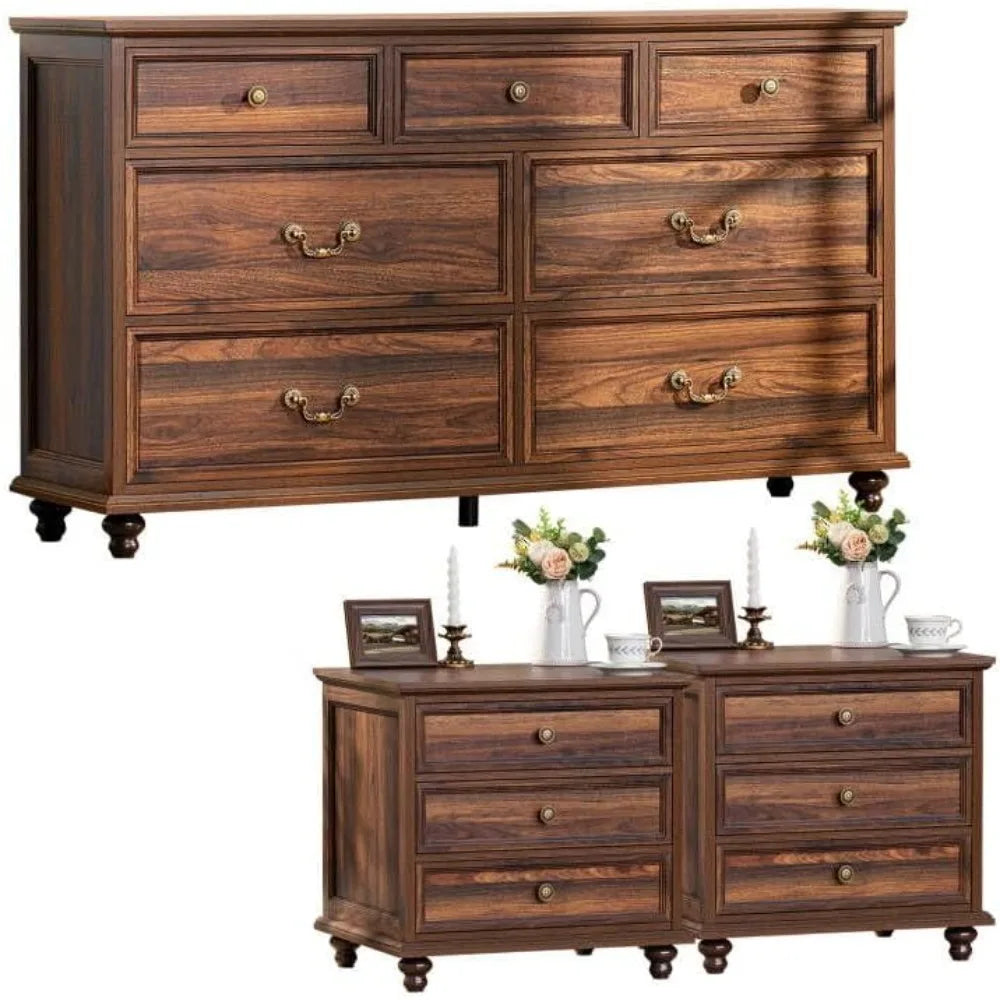 MKDK Farmhouse Dresser And Nightstand Set 3 Piece Collection