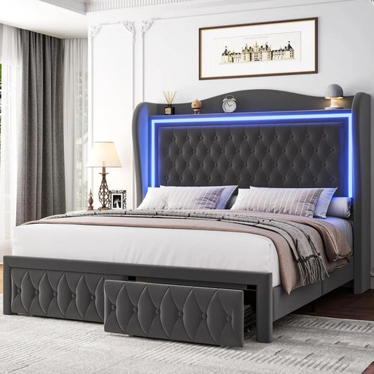 YANYING Velvet LED Headboard Bed Frame With Storage Drawers