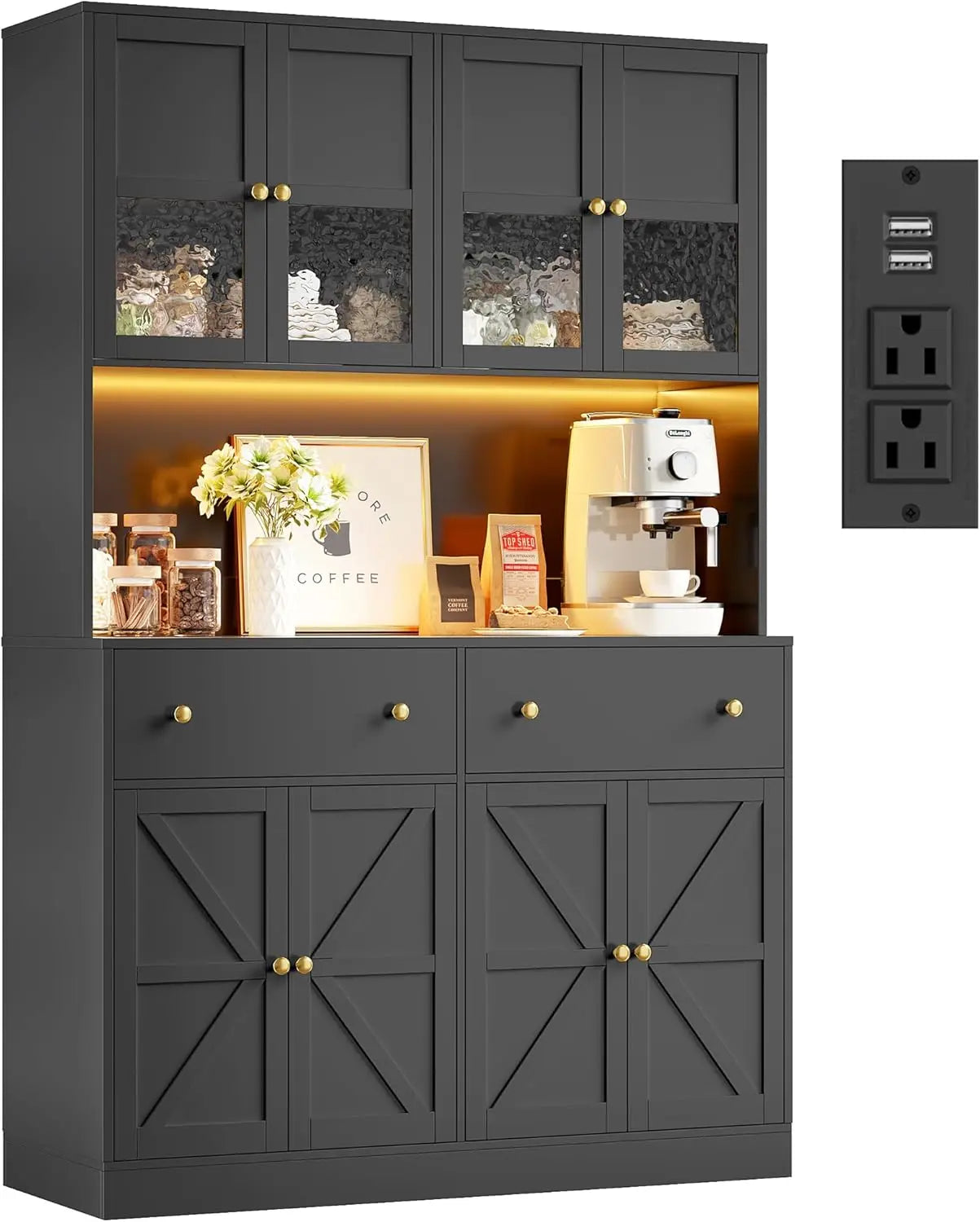 Pantry Cabinet With LED Lighting And Charging Station Microwave Mount