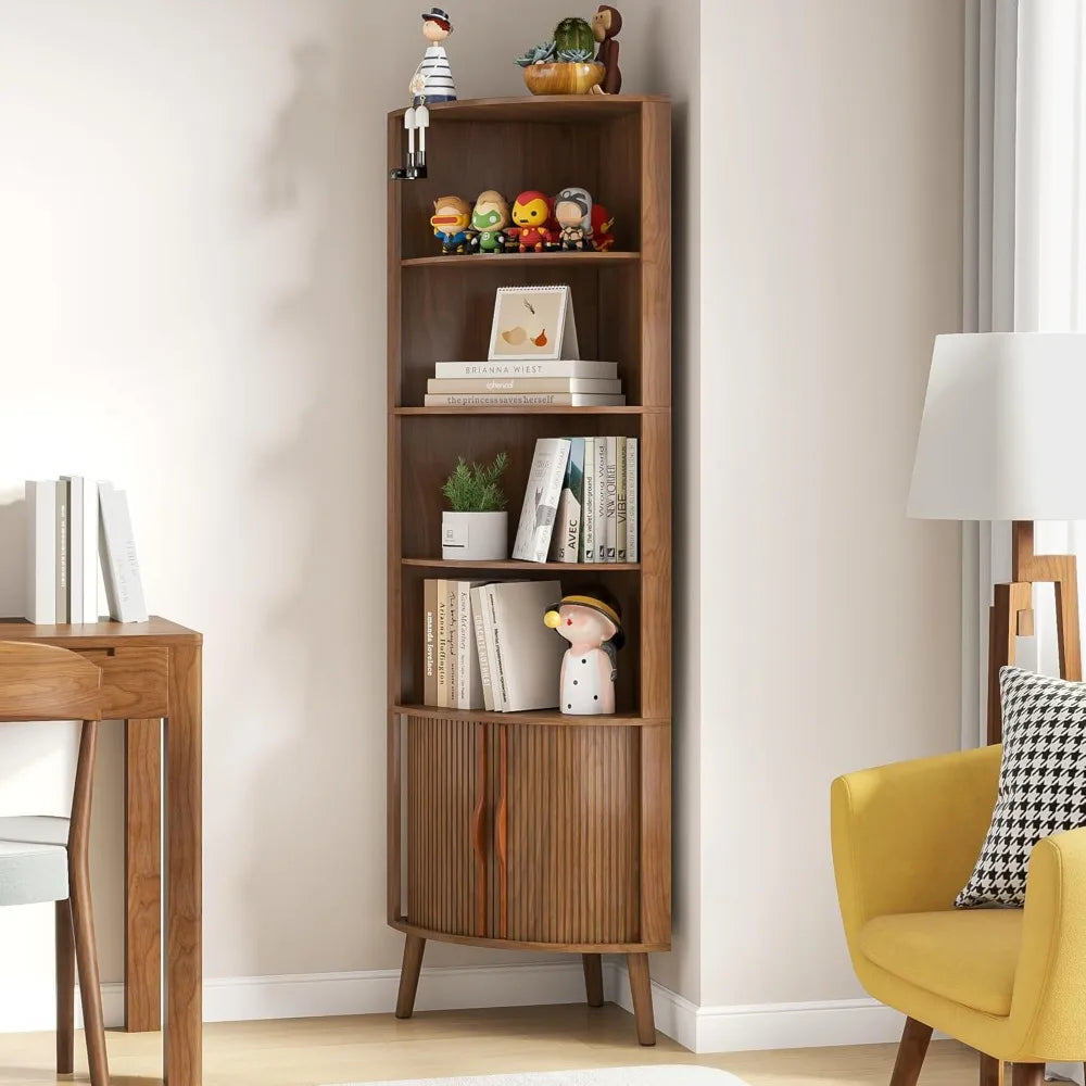 Modern 5-Tier Corner Shelf Bookcase With Fluted Doors