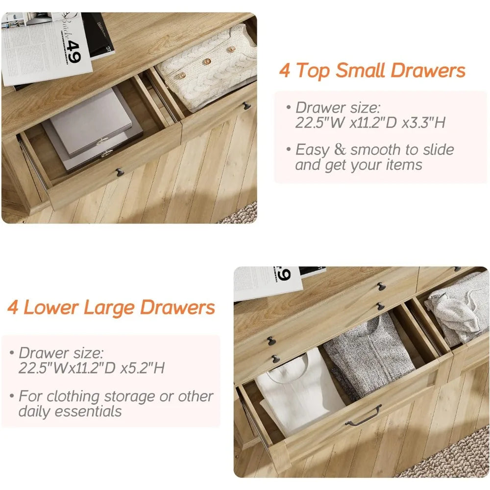 Eight Drawer Farmhouse Wood Dresser for Bedroom and Kids Room