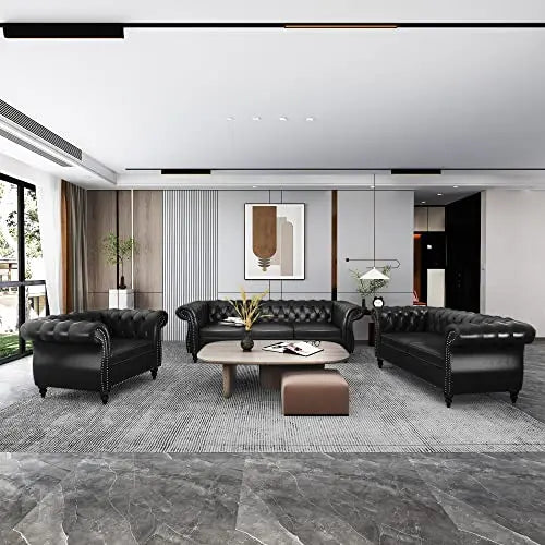 Modern Tufted Faux Leather Living Room Sofa Set With Button Nailhead Scroll Arms