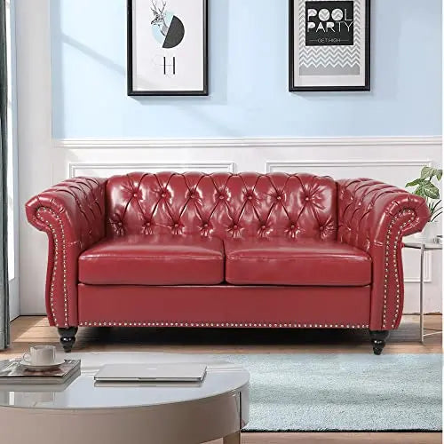 Modern Tufted Faux Leather Living Room Sofa Set With Button Nailhead Scroll Arms
