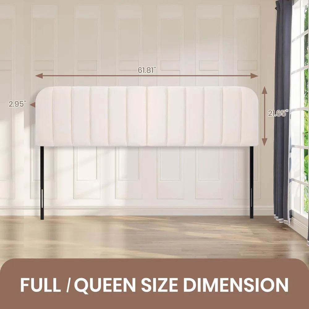Upholstered Striped Headboard Bed Frame With Adjustable Height Metal Legs