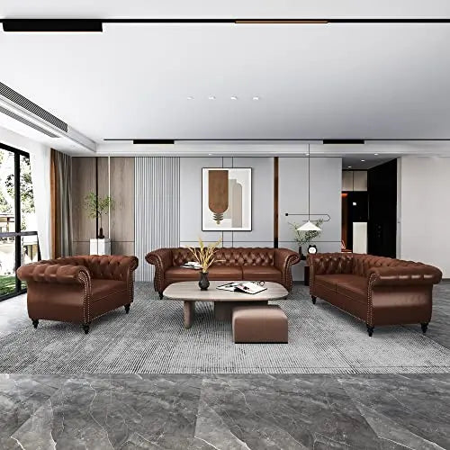 Modern Tufted Faux Leather Living Room Sofa Set With Button Nailhead Scroll Arms