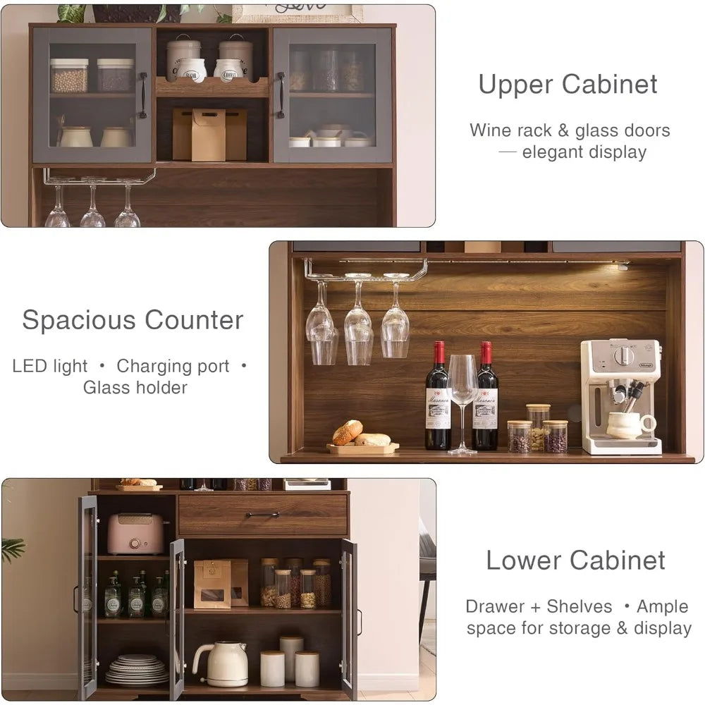 Coffee Bar Storage Cabinet With LED Lights And Wireless Charging