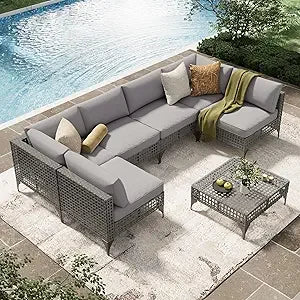 7 Piece Outdoor Patio Furniture Set PE Rattan Wicker With Cushions And Tea Table