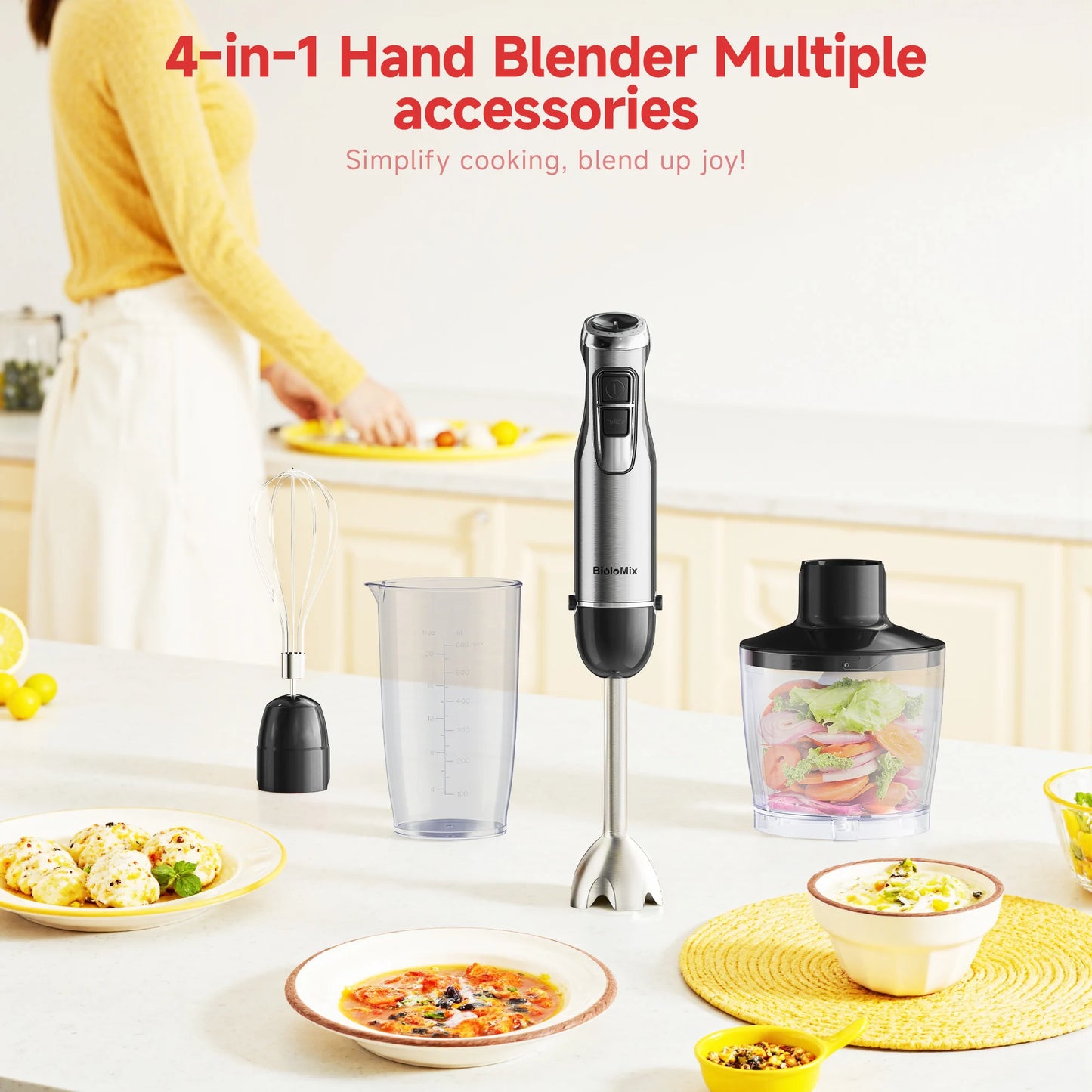 Biolomix 4 In 1 1200W Immersion Hand Blender With Chopper And Smoothie Cup
