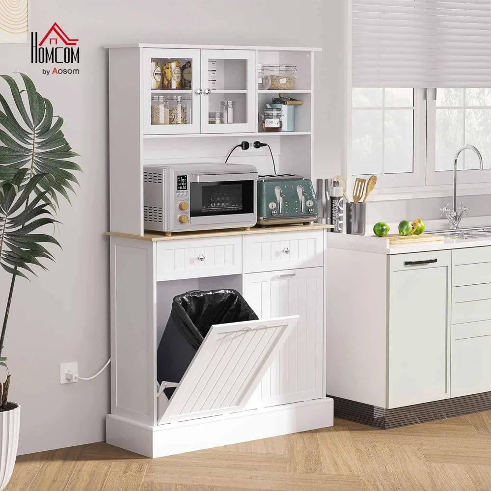 Freestanding Kitchen Pantry Storage Cabinet With Charging Station And Drawers