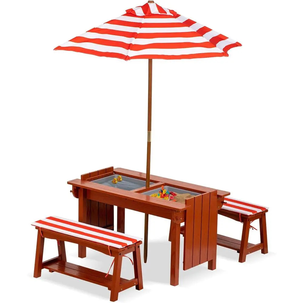 Picnic Table With Umbrella Outdoor Wooden Bench Set For Kids