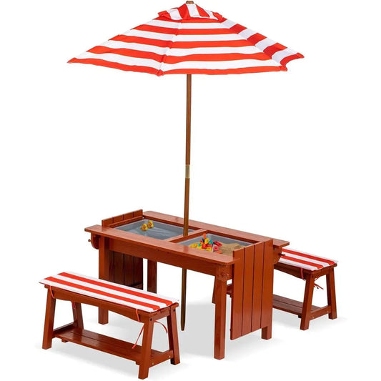Picnic Table With Umbrella Outdoor Wooden Bench Set For Kids