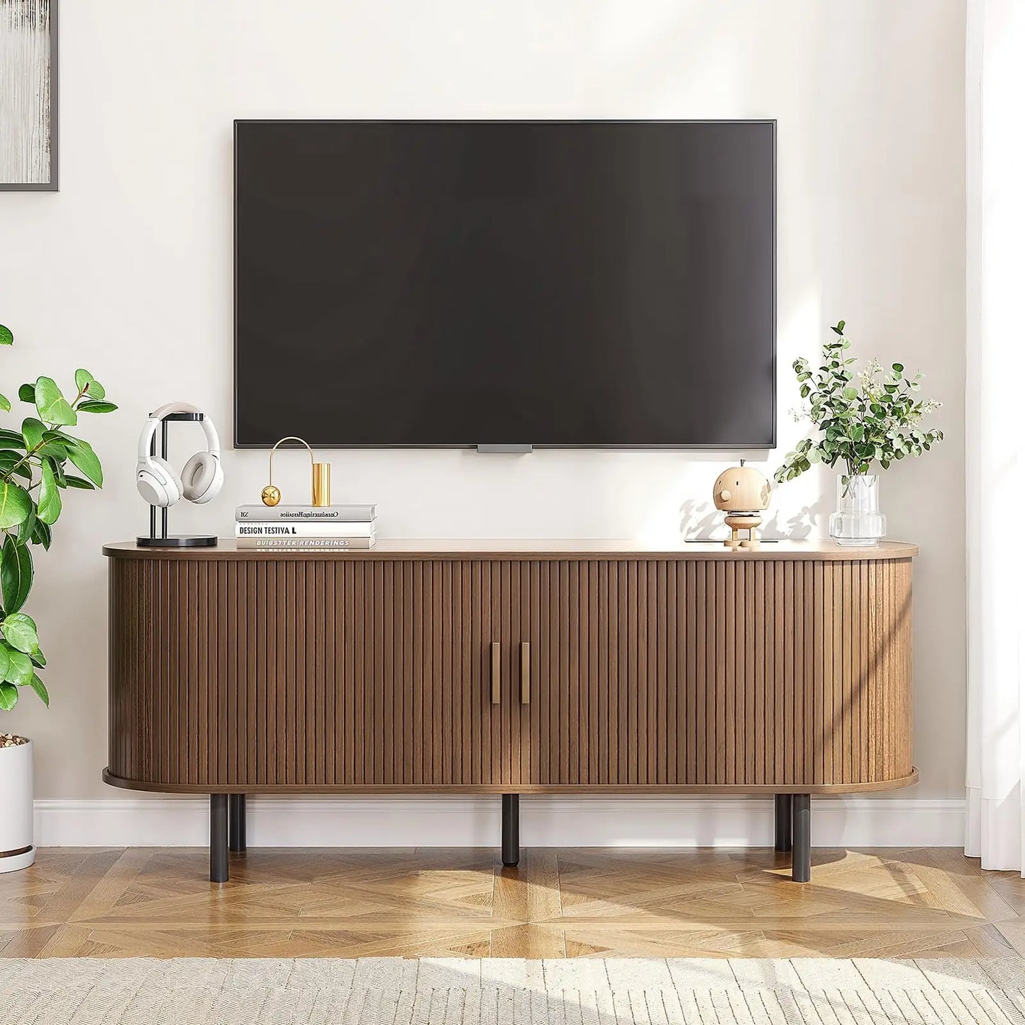 ONBRILL TV Stand With Power Outlet And Sliding Door Storage