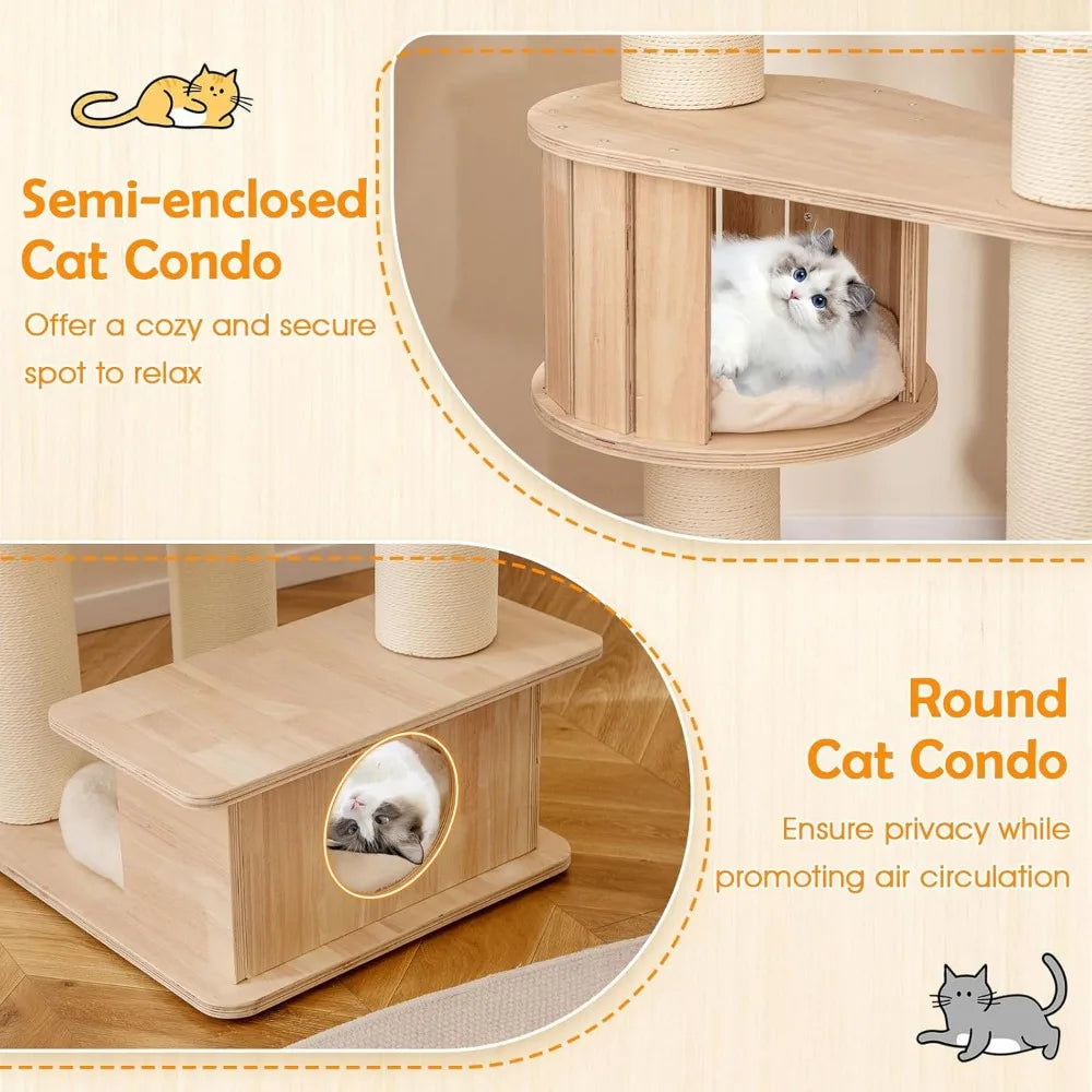 Wooden Cat Tree With Multi Level Towers And Dual Condos