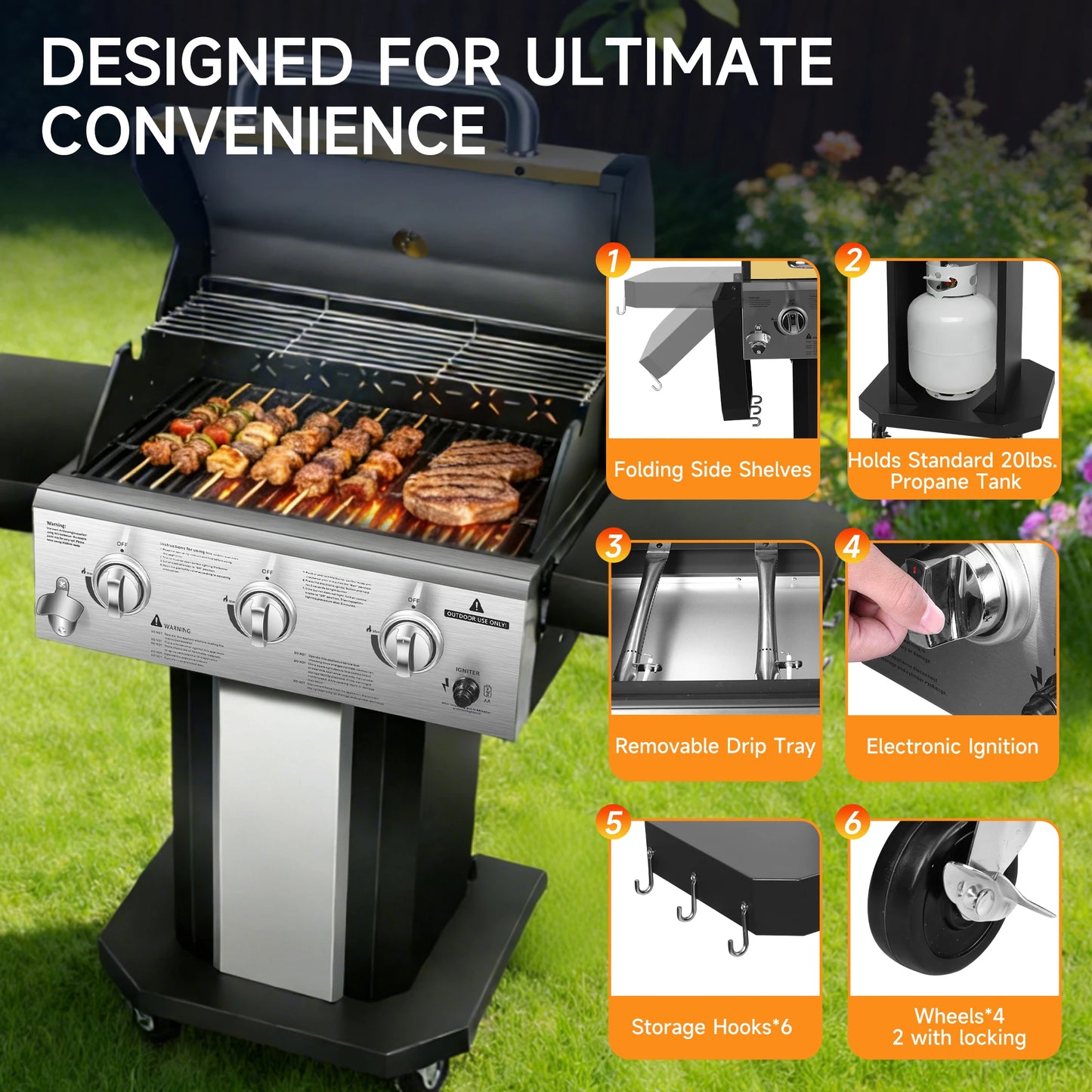 Propane 3-Burner Gas Grill With Warming Rack 30,000 BTU