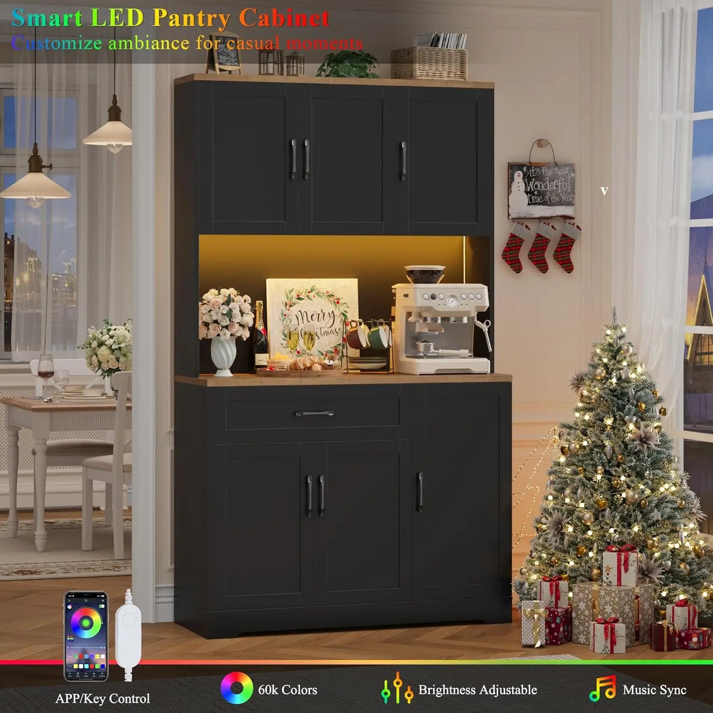 Guangbai LED Kitchen Pantry Cabinet With Power Outlet Microwave Stand