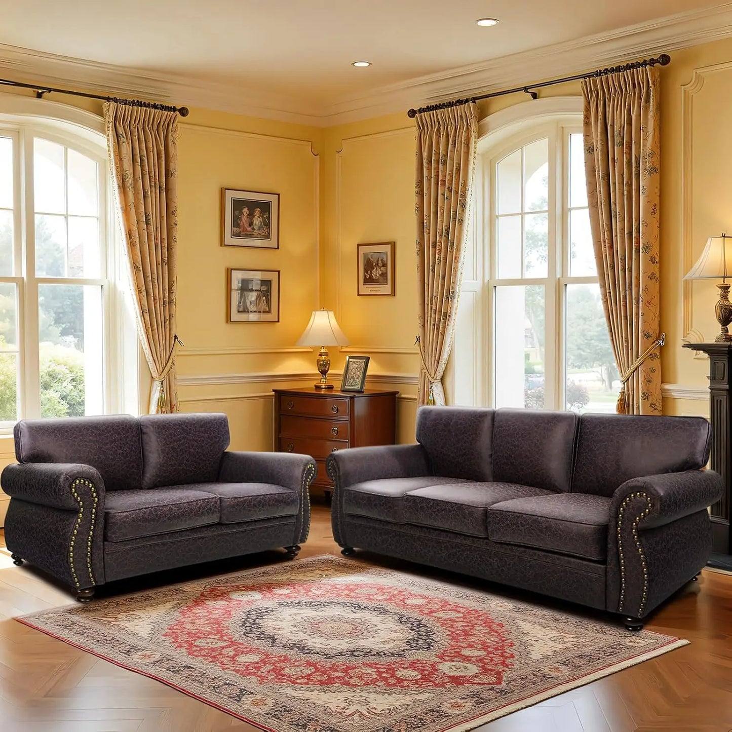 Mid-Century Sofa Set With Rivet Detailing For Living Room