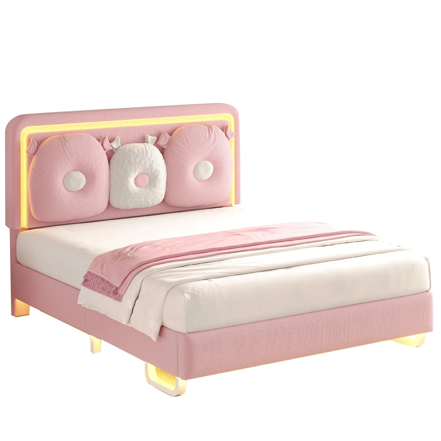 Upholstered Bed Frame With LED Lights And Adjustable Headboard