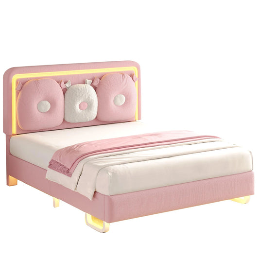 Upholstered Bed Frame With LED Lights And Adjustable Headboard