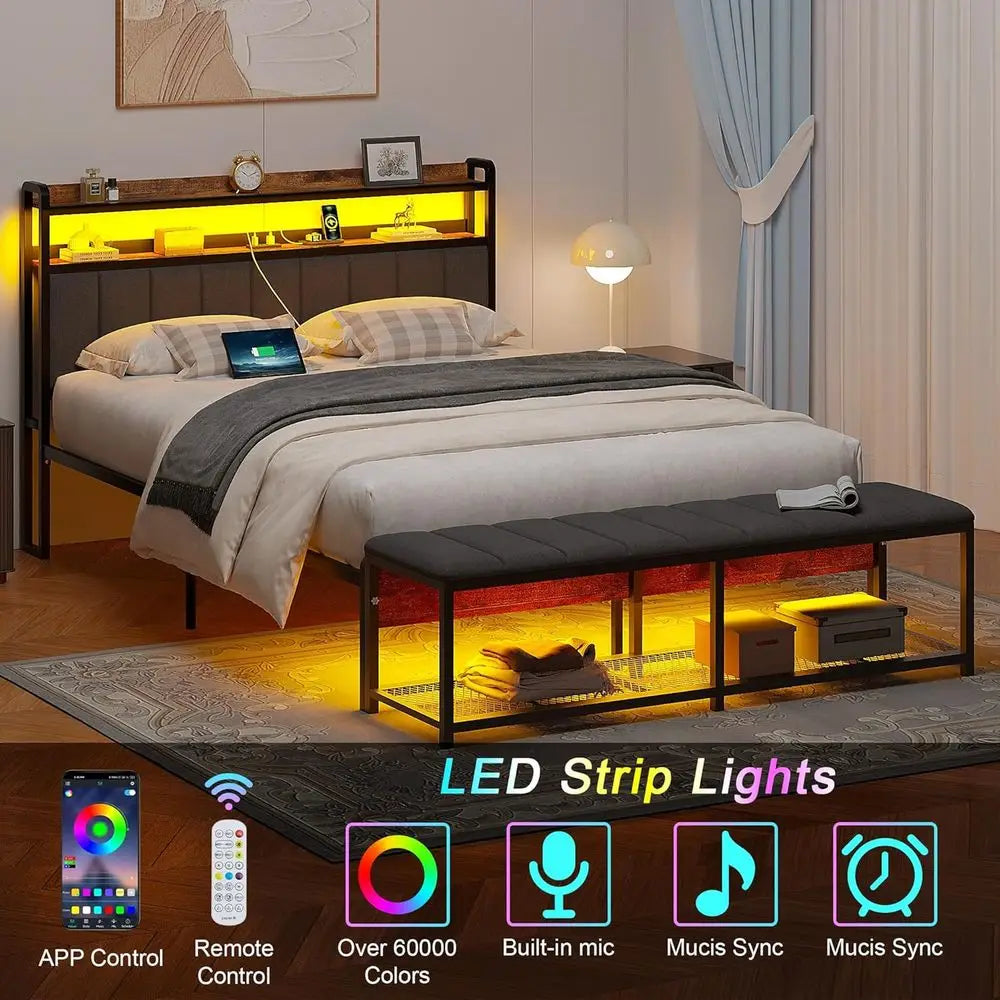 Bed Frame With LED Lights, Storage And USB Charging
