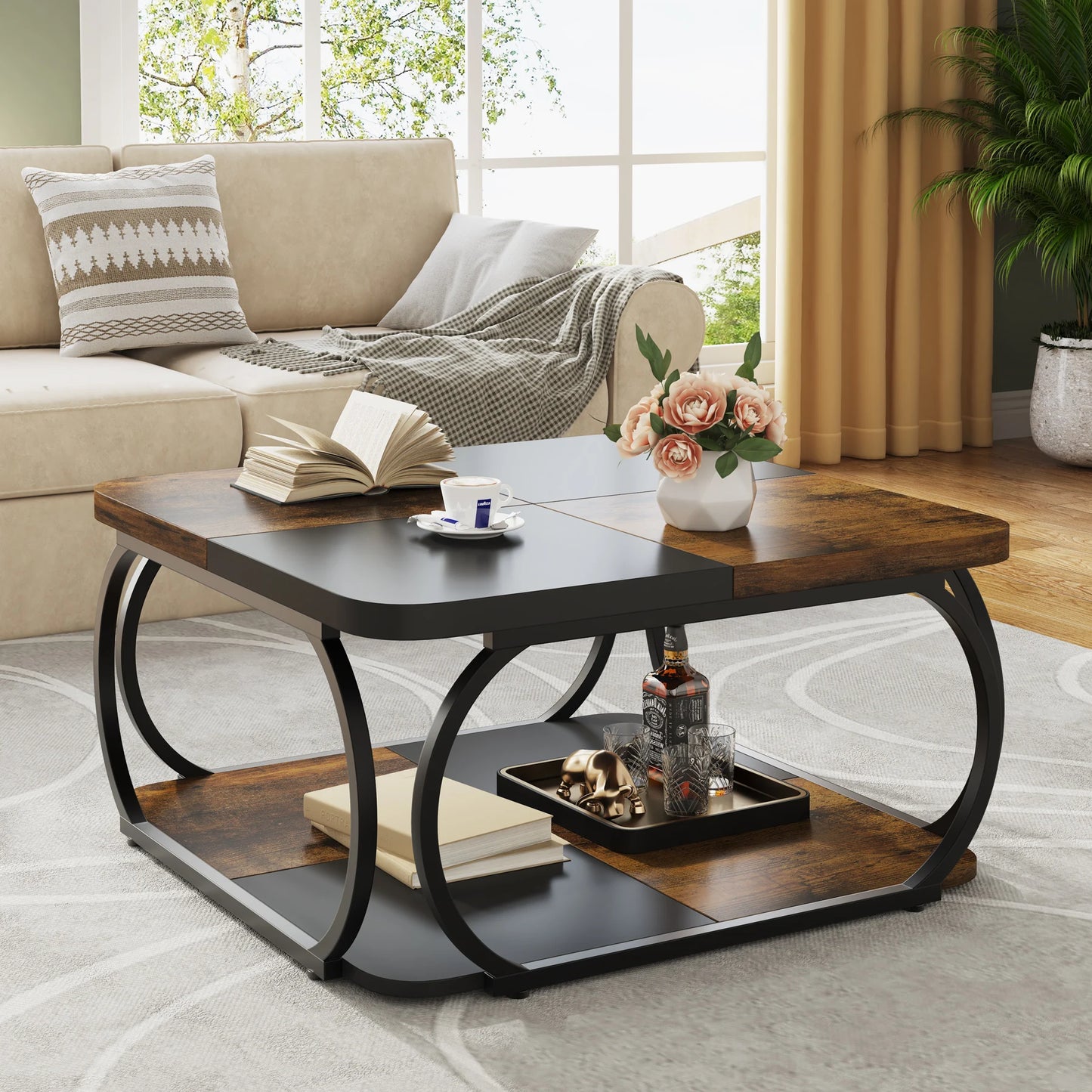 Tribesigns Square Coffee Table Two Tier Storage Shelf