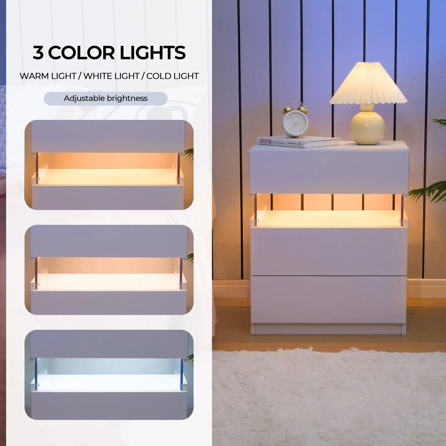 Cubehom Bedside Tables 2 Pack With Modern LED Lighting