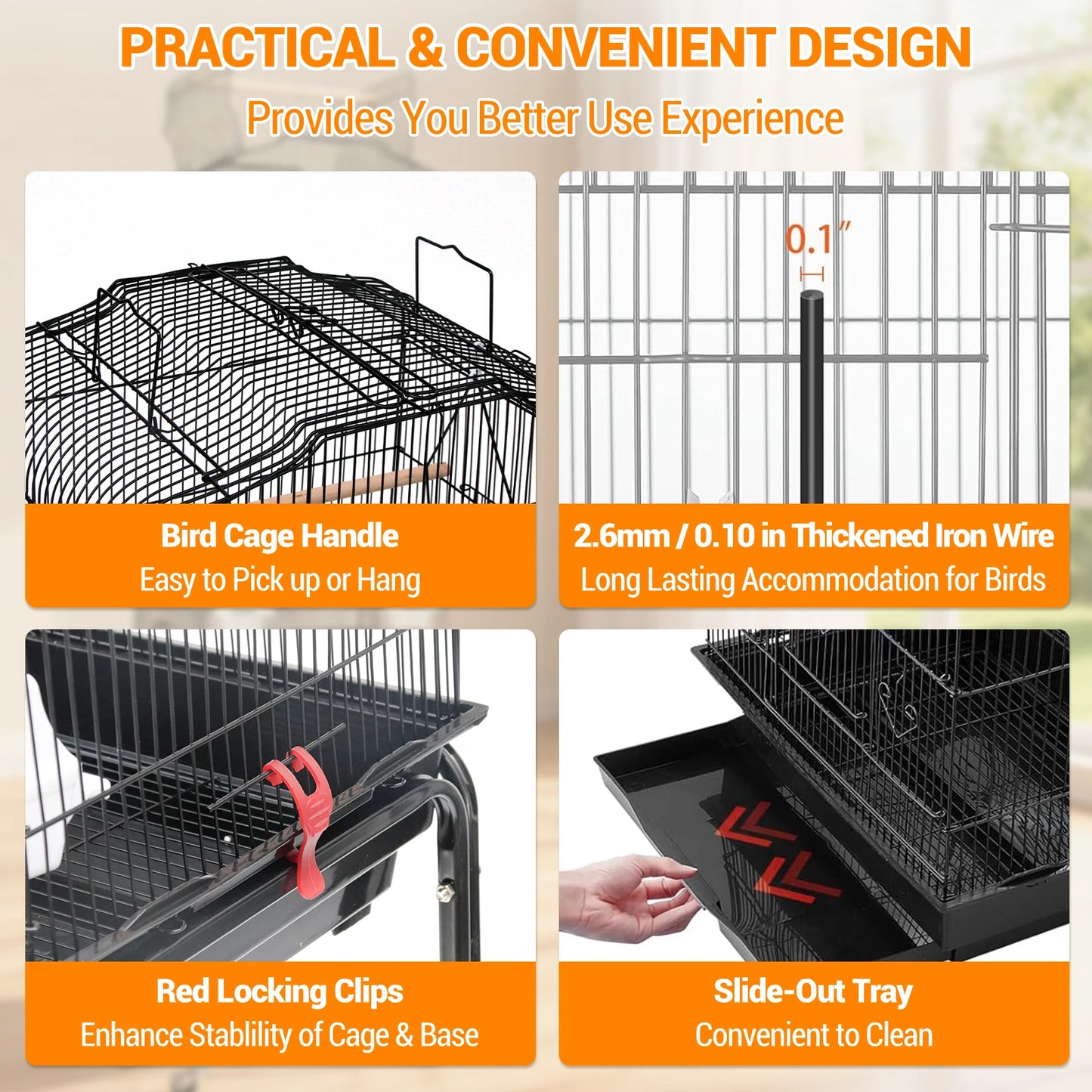 HiMISS Durable Bird Cage With Rooftop Play Stand And Tray