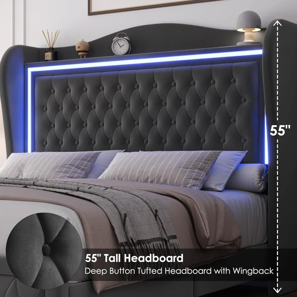 YANYING Velvet LED Headboard Bed Frame With Storage Drawers
