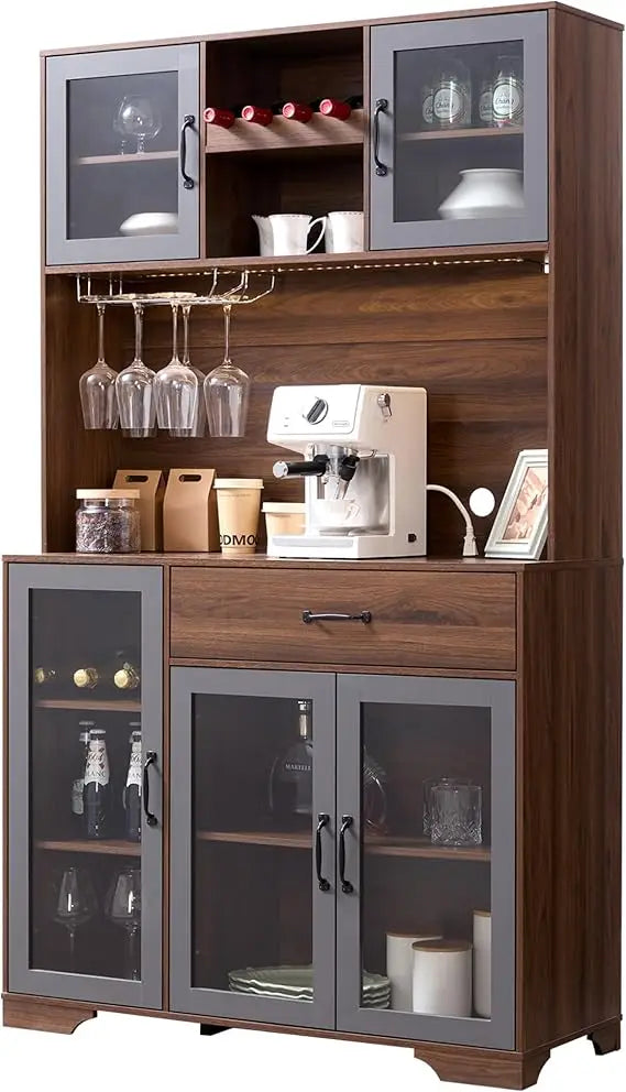 Coffee Bar Storage Cabinet With LED Lights And Wireless Charging