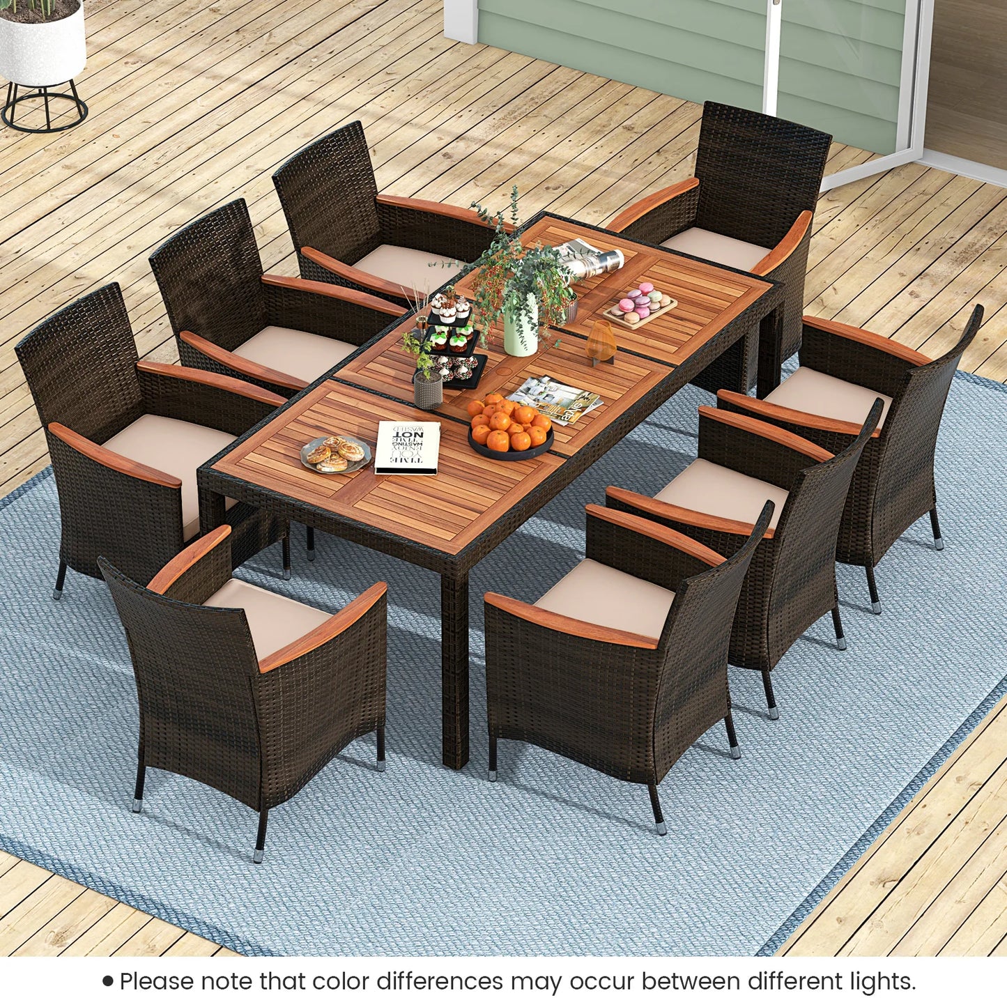 HOMASIS 9 Piece Patio Wicker Dining Set With Acacia Table