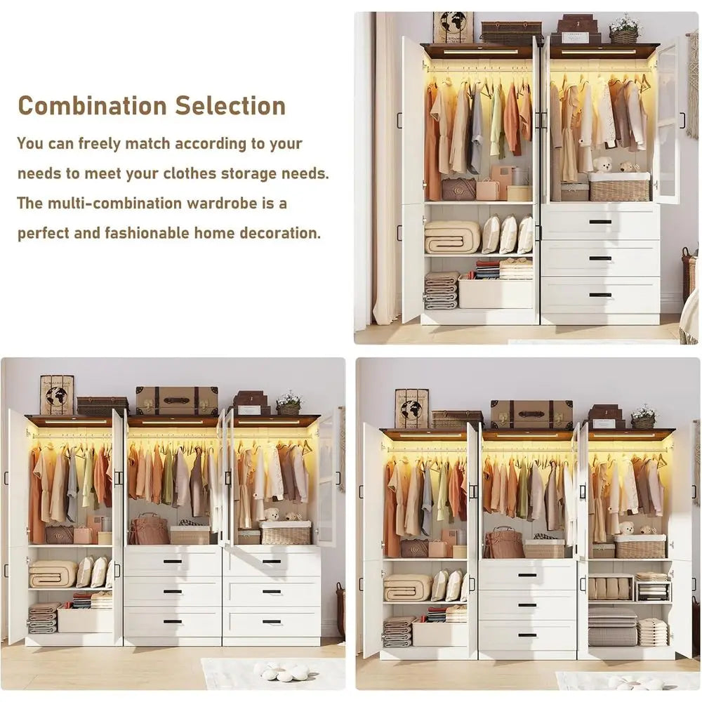 Freestanding Wooden Armoire With LED Light And Adjustable Hanging Rod
