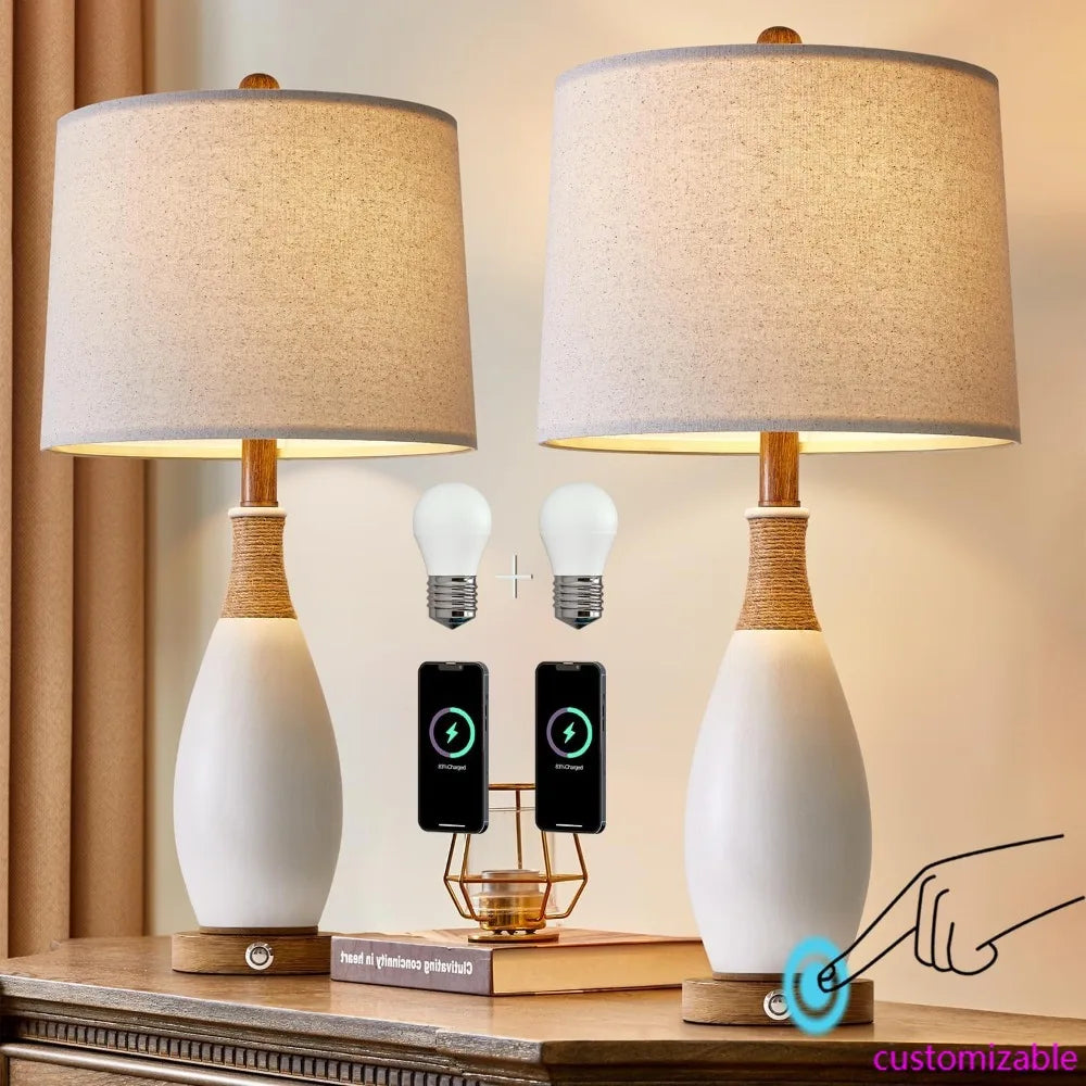 XMSJ Modern Farmhouse Bedside Lamps Set of 2 USB Ports