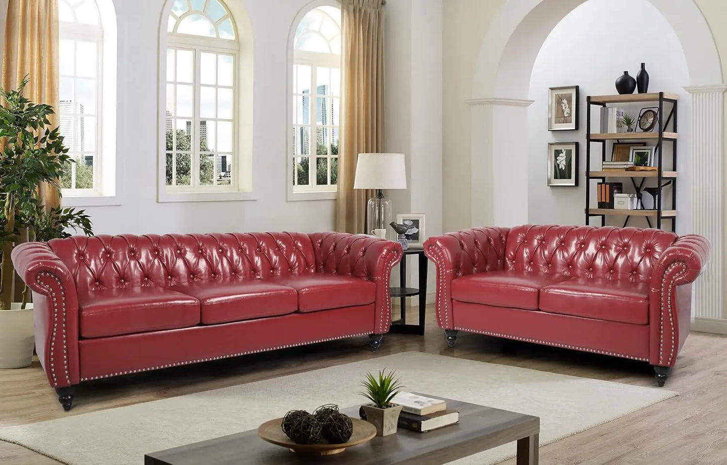 Modern Tufted Faux Leather Living Room Sofa Set With Button Nailhead Scroll Arms