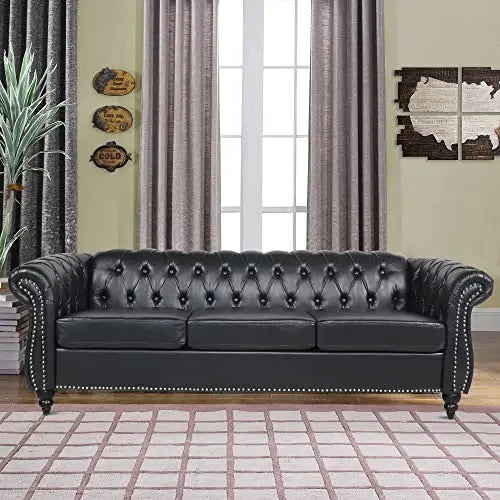 Modern Tufted Faux Leather Living Room Sofa Set With Button Nailhead Scroll Arms