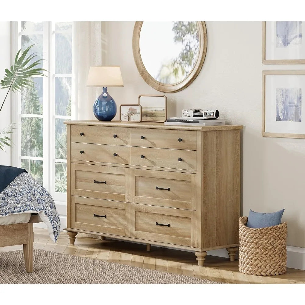 Eight Drawer Farmhouse Wood Dresser for Bedroom and Kids Room