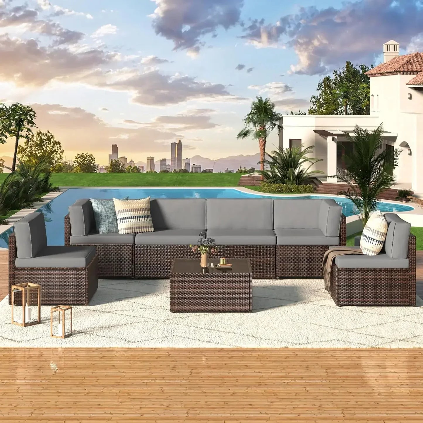 Modern Rattan Outdoor Patio Sectional Furniture Set With Cushions