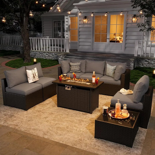Outdoor Wicker Patio Sectional Set With Fire Pit Table