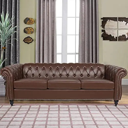 Modern Tufted Faux Leather Living Room Sofa Set With Button Nailhead Scroll Arms