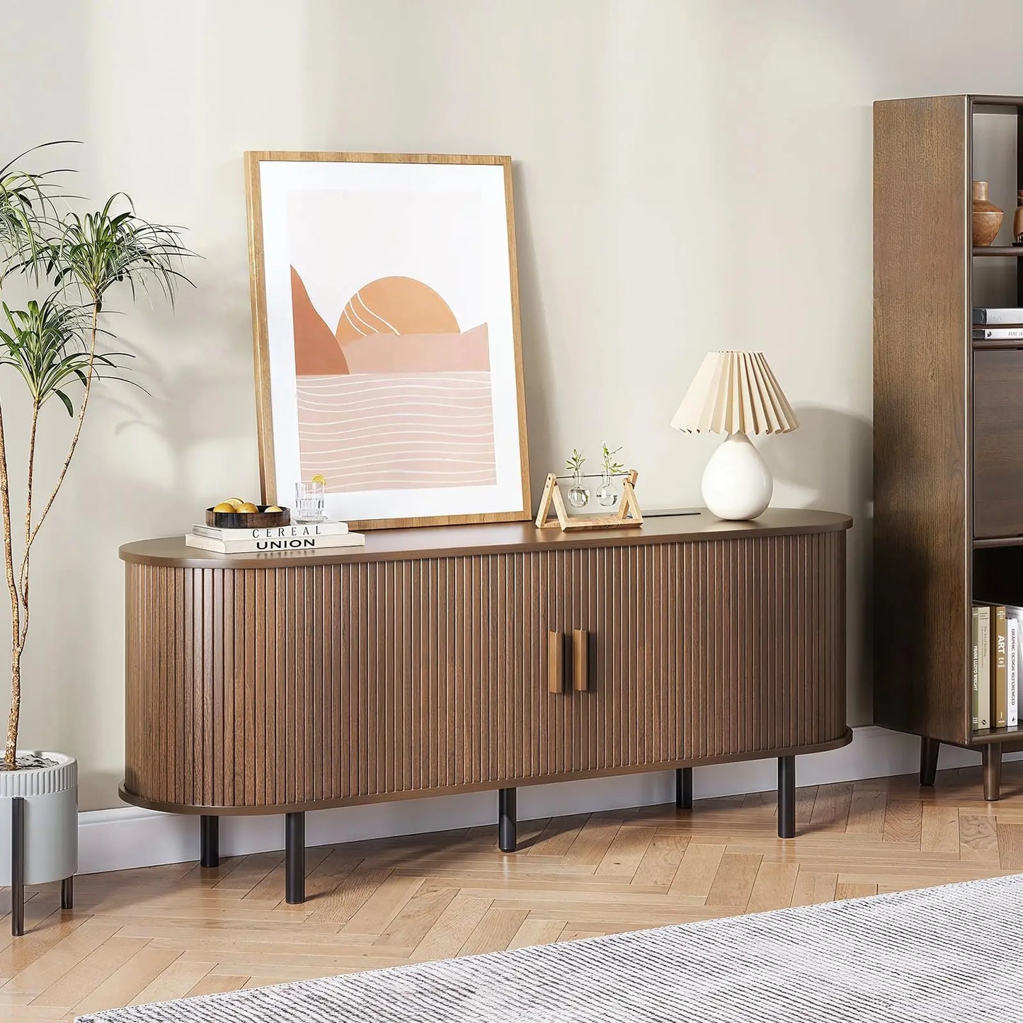 ONBRILL TV Stand With Power Outlet And Sliding Door Storage