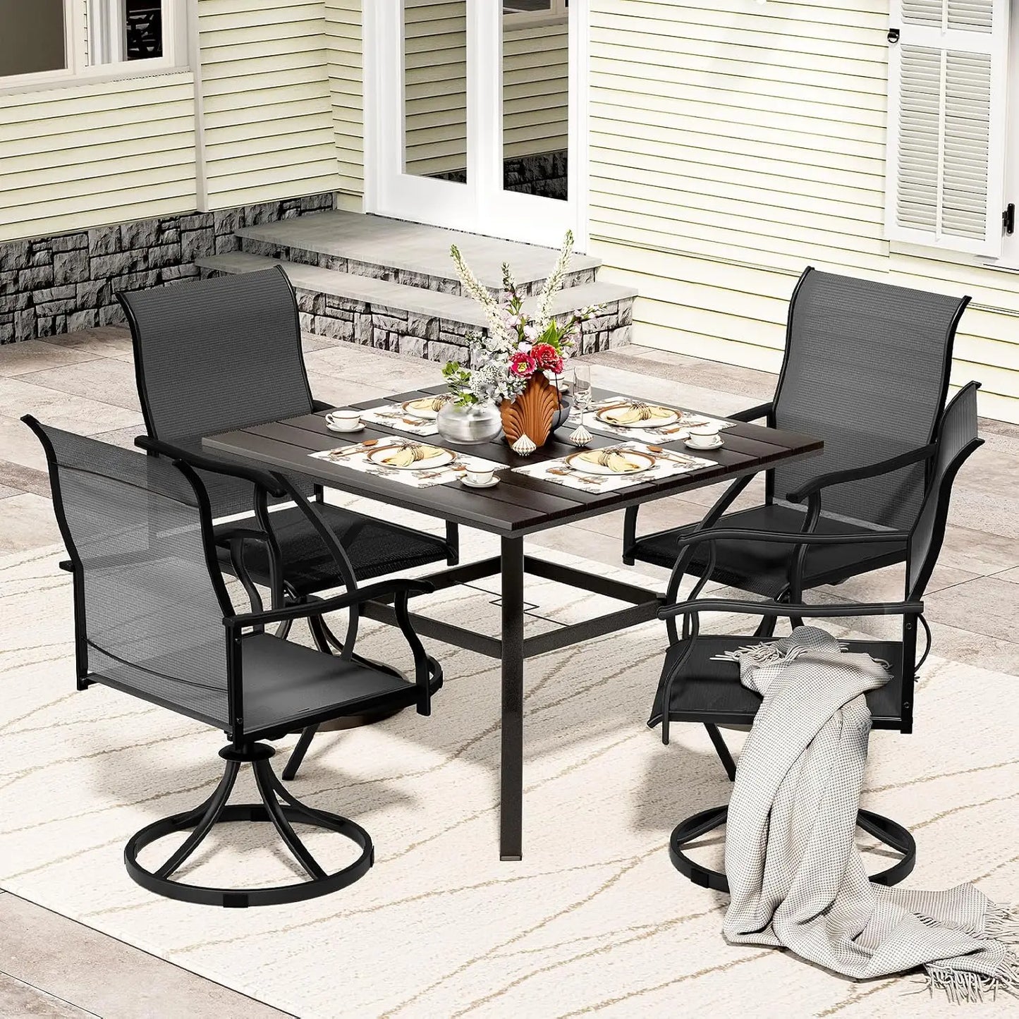 Outdoor Patio Dining Set with 4 Swivel Chairs and Table