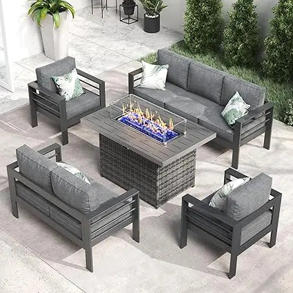 Aluminum Fire Pit Table Patio Set With Modern Sectional Sofa