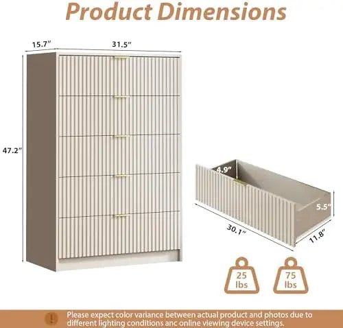 5 Drawer Tall Dresser With Metal Handles For Bedroom Storage