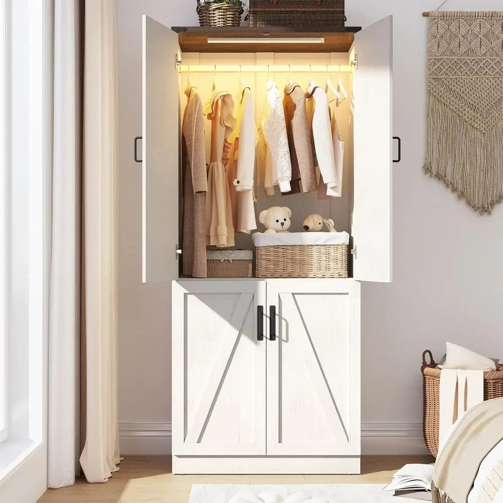 Freestanding Wooden Armoire With LED Light And Adjustable Hanging Rod