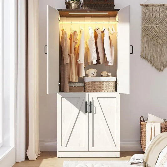Freestanding Wooden Armoire With LED Light And Adjustable Hanging Rod