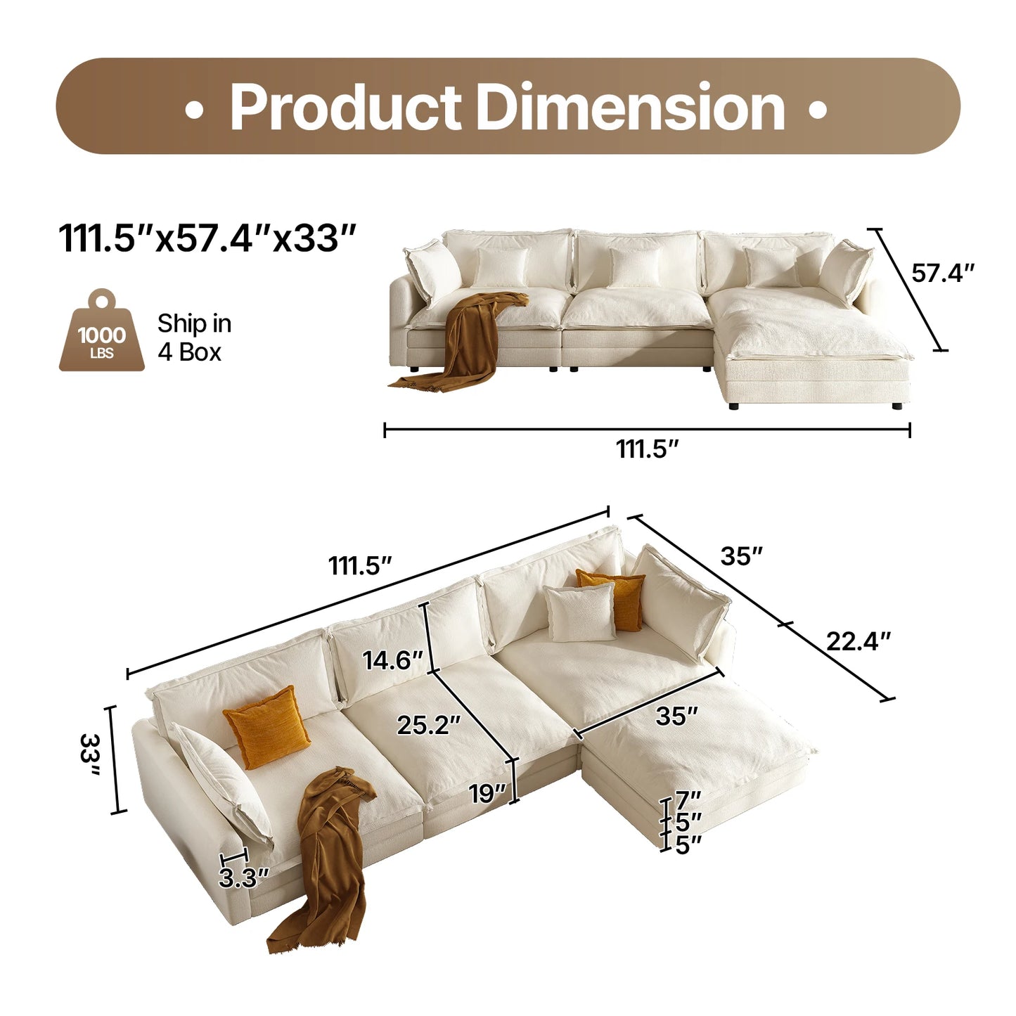 QWCCN L Shaped Modern Sofa Modular Sectional Couch With Ottoman