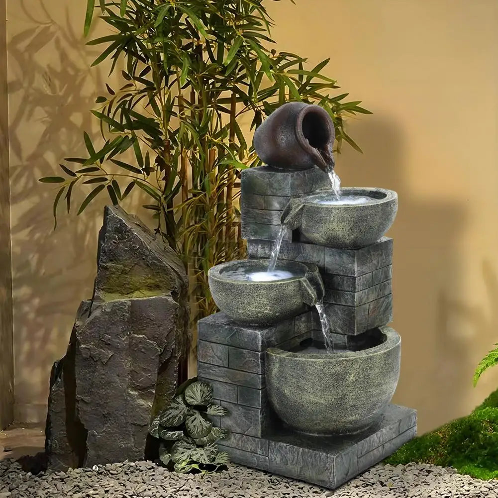 Rockery Waterfall Fountain Outdoor 4 Tier Cascading Bowls Led Light